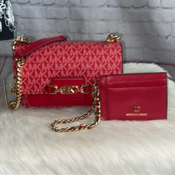 Michael Kors HEATHER Xbody/JET SET CHARM ID Chain Card Holder 2pc Set - Picture 1 of 8